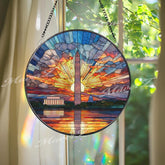 Washington DC Stained Glass Suncatcher, Round Monument Sunset Window Panel with Capitol and Lincoln Memorial, Patriotic Home Decor Gift